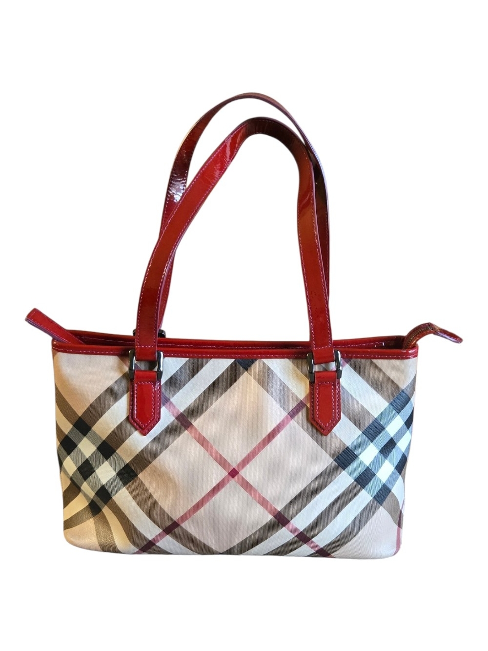 Burberry Beige Plaid Shoulder Bag with Red Trim